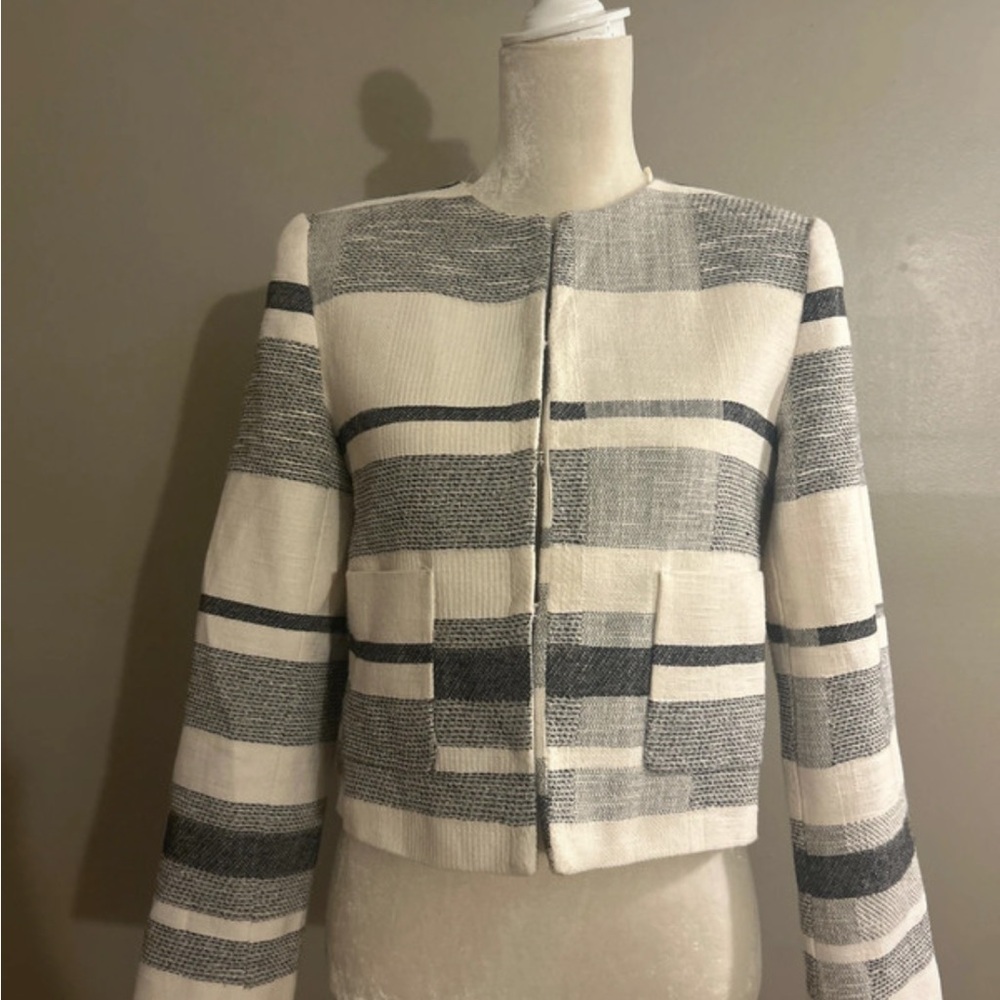 Zara Ivory and Gray Striped Cropped Blazer